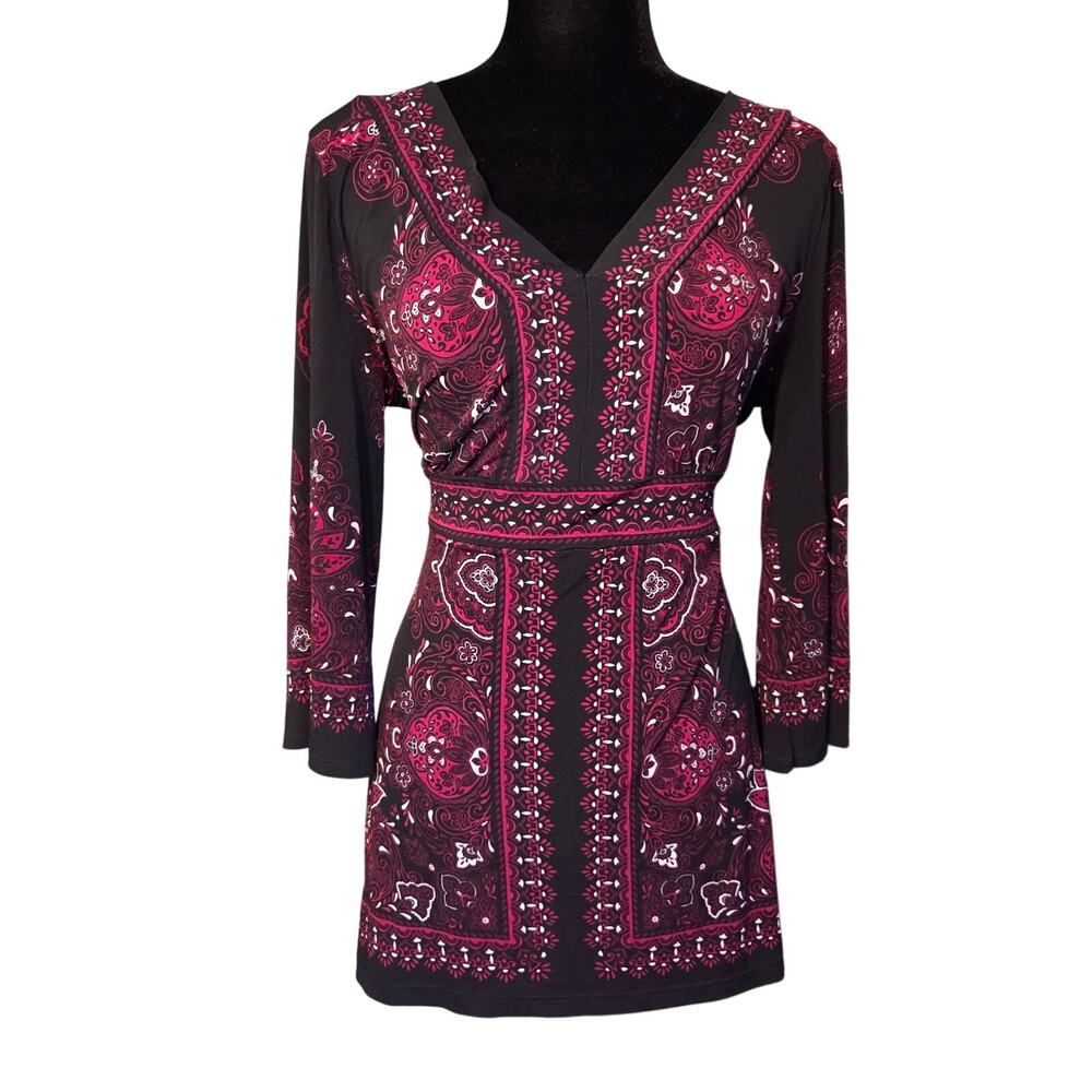 Babydoll Whimsygoth Black Magenta Paisley Top/ Mini Dress V-Neck Tie Back Size M